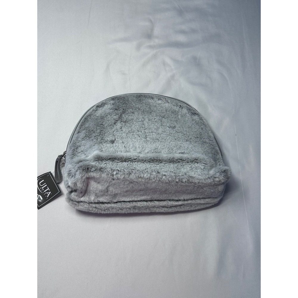 Ulta Beauty Grey Faux Fur Dome Makeup Bag Silver Snowflake Charm NWT